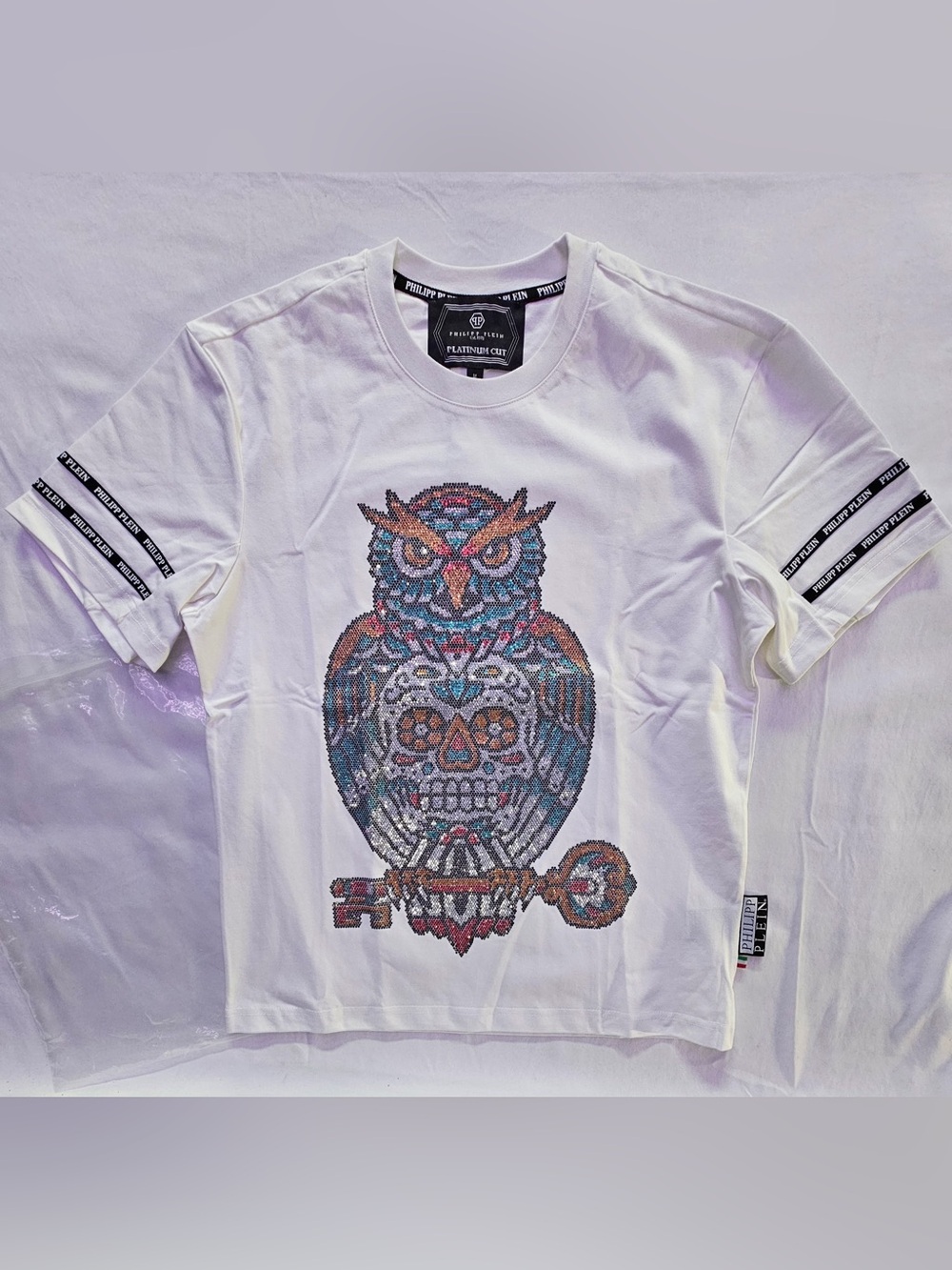 Philipp Plein White Short-Sleeve Tee with Multicolor Owl Graphic